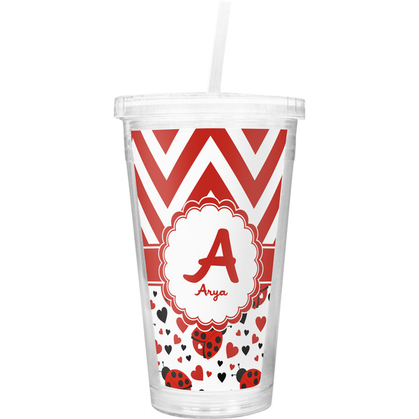 Custom Ladybugs & Chevron Double Wall Tumbler with Straw (Personalized)