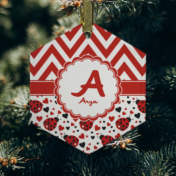 Ladybugs & Chevron Frosted Glass Ornament - Hexagon (Lifestyle)