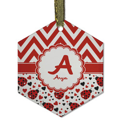 Ladybugs & Chevron Flat Glass Ornament - Hexagon w/ Name and Initial