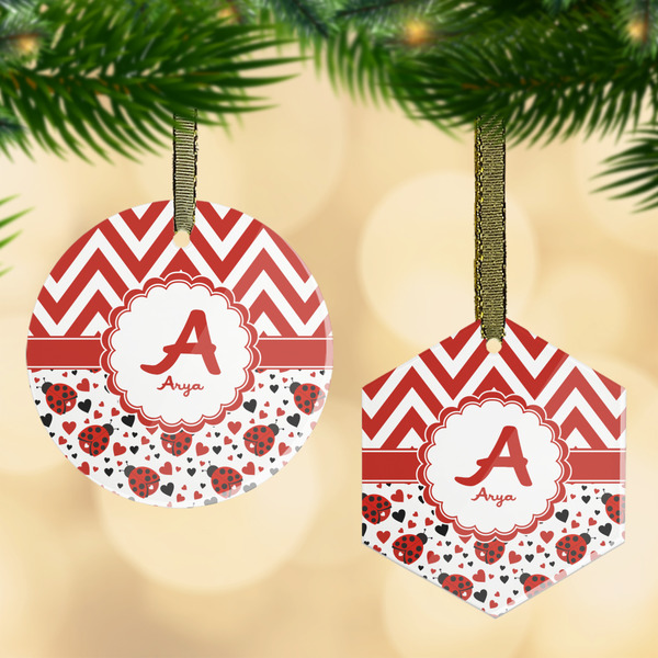 Custom Ladybugs & Chevron Flat Glass Ornament w/ Name and Initial
