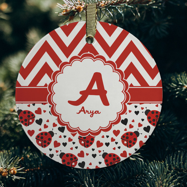 Ladybugs & Chevron Frosted Glass Ornament - Round (Lifestyle)