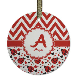 Ladybugs & Chevron Flat Glass Ornament - Round w/ Name and Initial