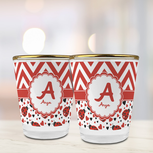Ladybugs & Chevron Glass Shot Glass - with gold rim - LIFESTYLE
