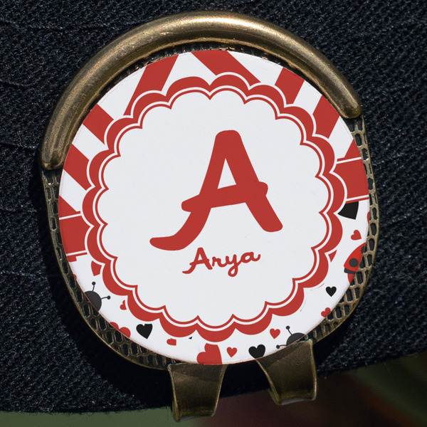 Ladybugs & Chevron Golf Ball Marker Hat Clip - Gold - Close Up
