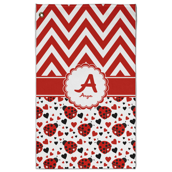 Custom Ladybugs & Chevron Golf Towel - Poly-Cotton Blend - Large w/ Name and Initial