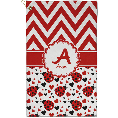 Ladybugs & Chevron Golf Towel - Poly-Cotton Blend - Small w/ Name and Initial