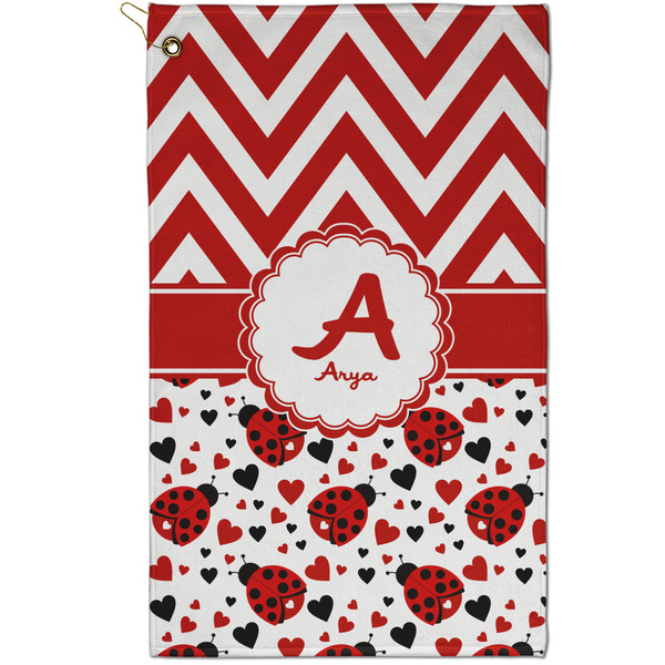 Custom Ladybugs & Chevron Golf Towel - Poly-Cotton Blend - Small w/ Name and Initial