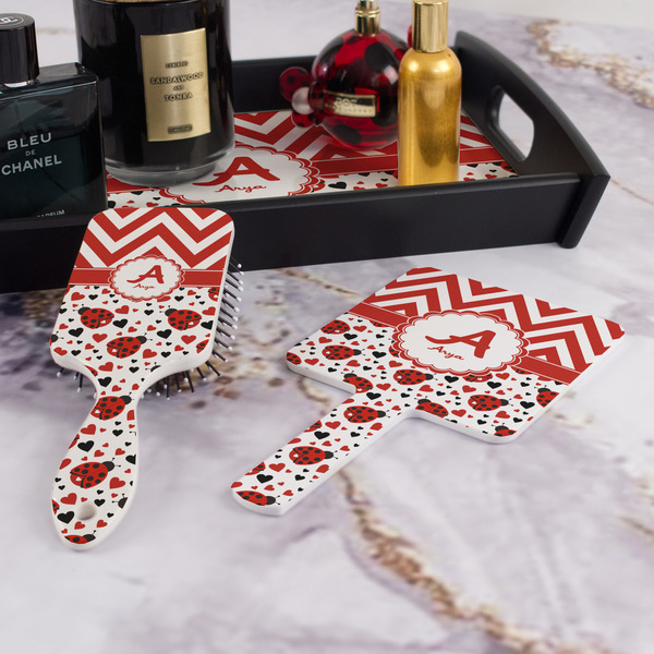Ladybugs & Chevron Hair Brush and Hand Mirror - Bathroom Scene