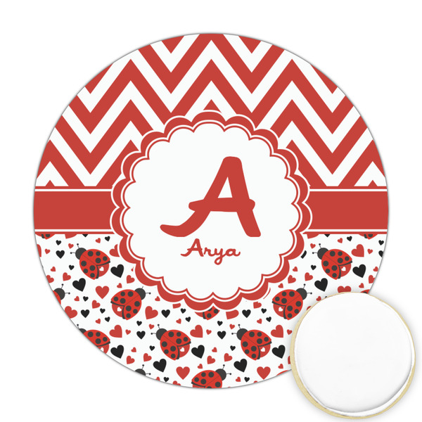 Custom Ladybugs & Chevron Printed Cookie Topper - Round (Personalized)
