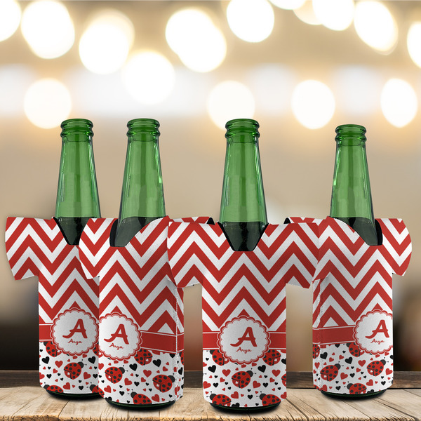 Ladybugs & Chevron Jersey Bottle Cooler - Set of 4 - LIFESTYLE