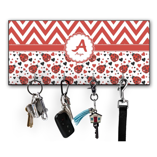 Custom Ladybugs & Chevron Key Hanger w/ 4 Hooks w/ Name and Initial