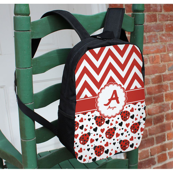Ladybugs & Chevron Kids Backpack - In Context