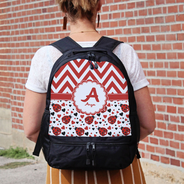 Ladybugs & Chevron Large Backpack - Black - On Back