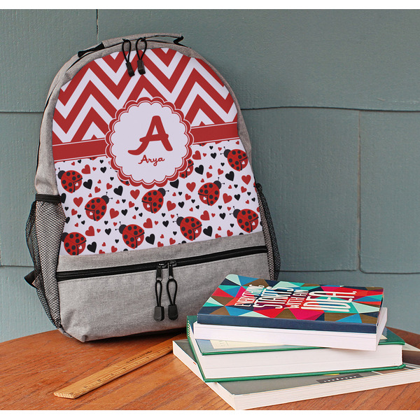Ladybugs & Chevron Large Backpack - Gray - On Desk