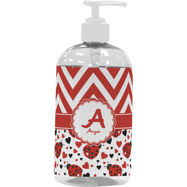 Custom Ladybugs & Chevron Plastic Soap / Lotion Dispenser (16 oz - Large - White) (Personalized)