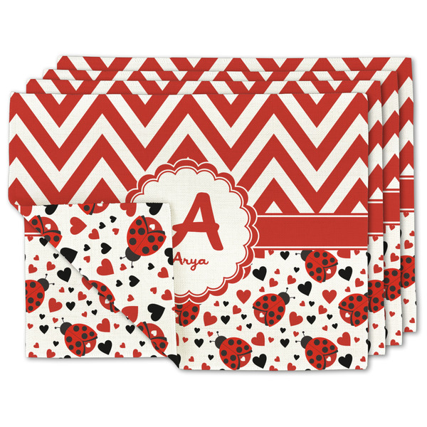 Custom Ladybugs & Chevron Double-Sided Linen Placemat - Set of 4 w/ Name and Initial