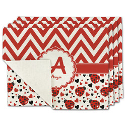 Ladybugs & Chevron Single-Sided Linen Placemat - Set of 4 w/ Name and Initial