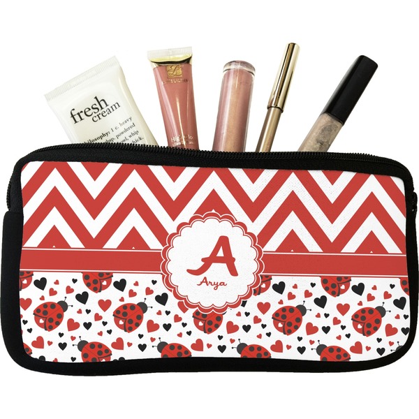 Custom Ladybugs & Chevron Makeup / Cosmetic Bag (Personalized)