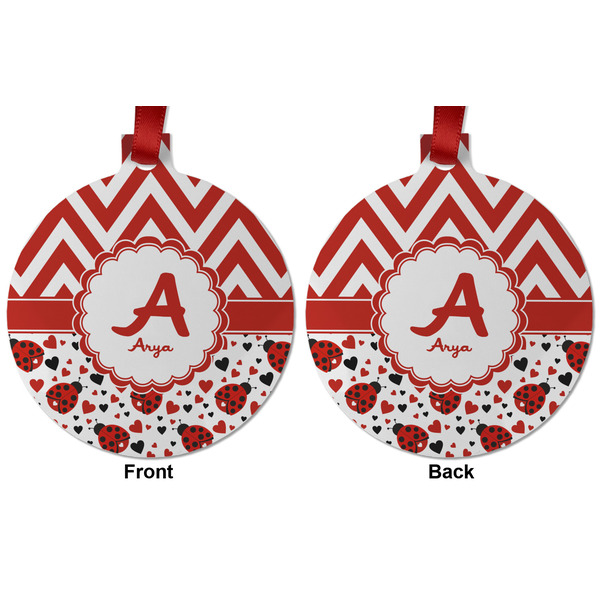 Ladybugs & Chevron Metal Ball Ornament - Front and Back