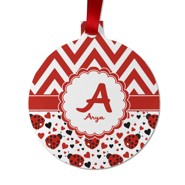 Custom Ladybugs & Chevron Metal Ball Ornament - Double Sided w/ Name and Initial