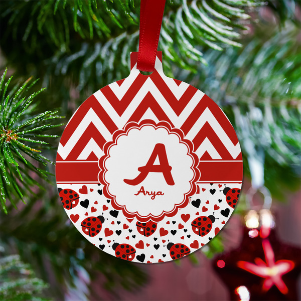 Ladybugs & Chevron Metal Ball Ornament - Lifestyle
