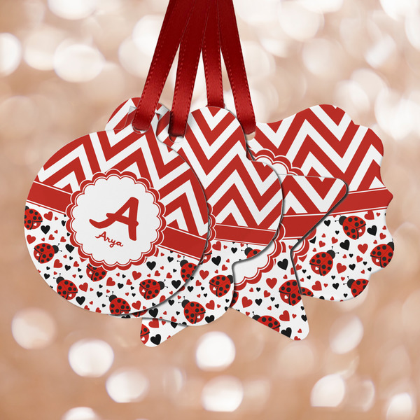 Custom Ladybugs & Chevron Metal Ornaments - Double Sided w/ Name and Initial