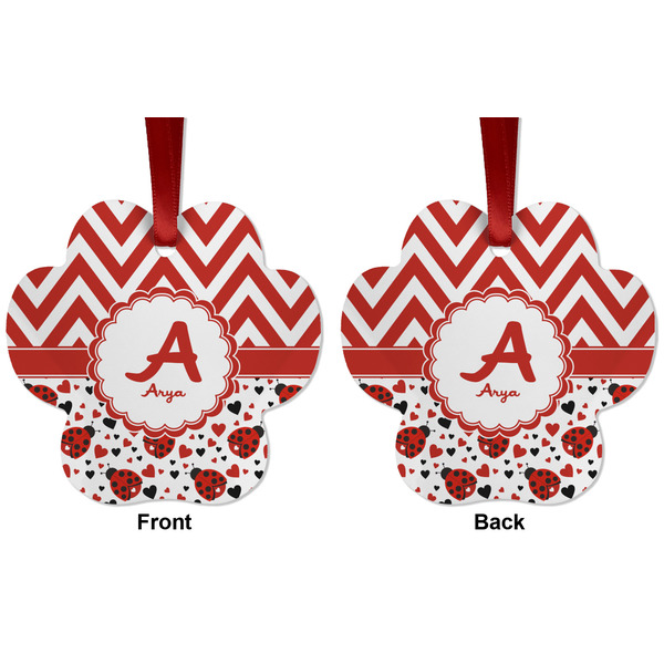 Ladybugs & Chevron Metal Paw Ornament - Front and Back