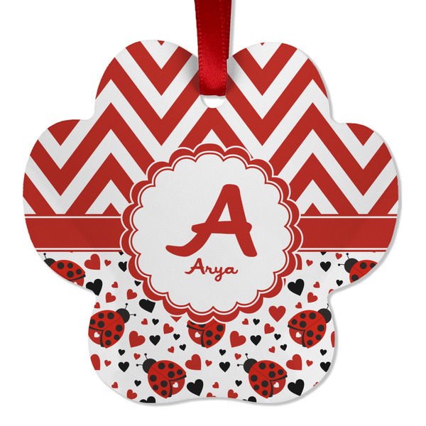 Custom Ladybugs & Chevron Metal Paw Ornament - Double Sided w/ Name and Initial