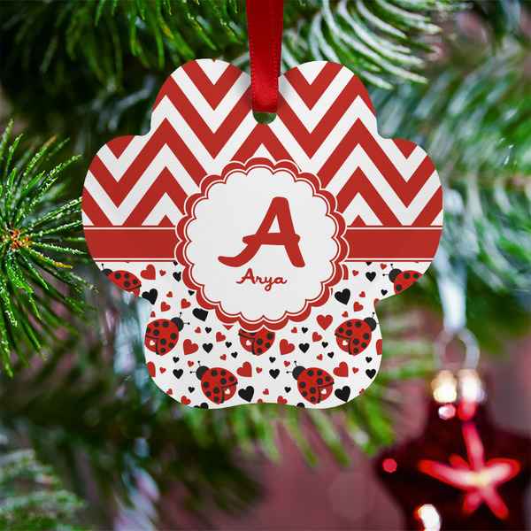Ladybugs & Chevron Metal Paw Ornament - Lifestyle