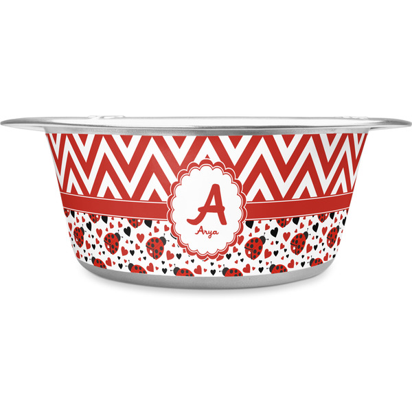 Custom Ladybugs & Chevron Stainless Steel Dog Bowl - Small (Personalized)