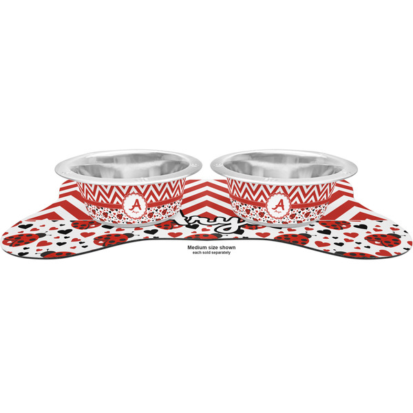 Ladybugs & Chevron Metal Pet Bowls - On Dog Bone Shaped Mat
