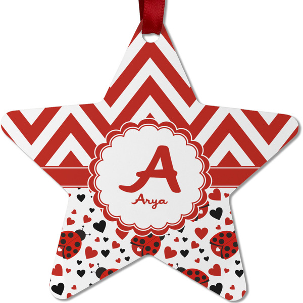 Custom Ladybugs & Chevron Metal Star Ornament - Double Sided w/ Name and Initial