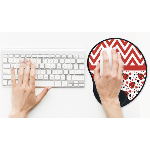 Ladybugs & Chevron Mouse Pad with Wrist Rest - LIFESYTLE 2 (in use)