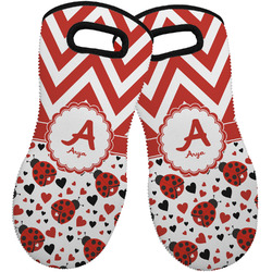 Ladybugs & Chevron Neoprene Oven Mitts - Set of 2 w/ Name and Initial