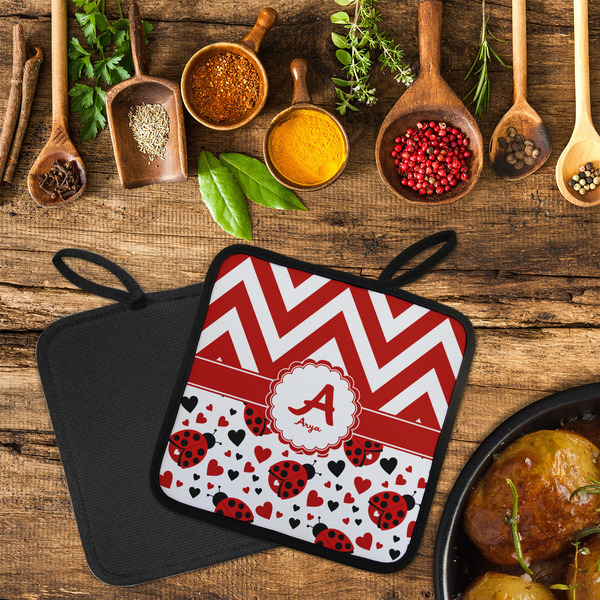Ladybugs & Chevron Neoprene Pot Holder - Set of 2  LIFESTYLE (Flatlay)