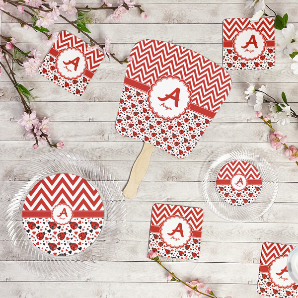 Ladybugs & Chevron Party Supplies Combination Image - All items - Plates, Coasters, Fans