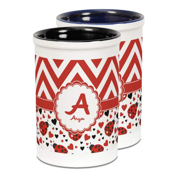 Custom Ladybugs & Chevron Ceramic Pencil Holder - Large