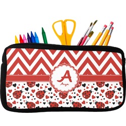 Ladybugs & Chevron Neoprene Pencil Case - Small w/ Name and Initial