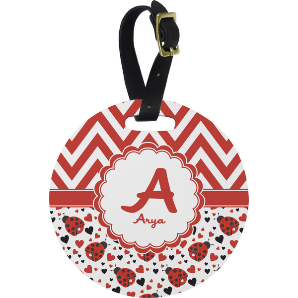 Custom Ladybugs & Chevron Plastic Luggage Tag - Round (Personalized)