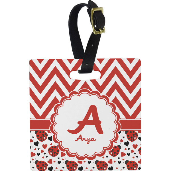 Custom Ladybugs & Chevron Plastic Luggage Tag - Square w/ Name and Initial