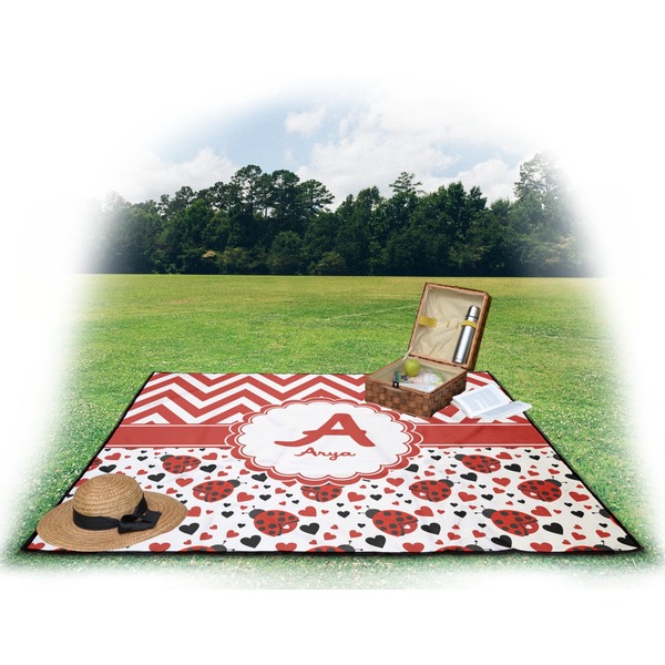 Ladybugs & Chevron Picnic Blanket - with Basket Hat and Book - in Use