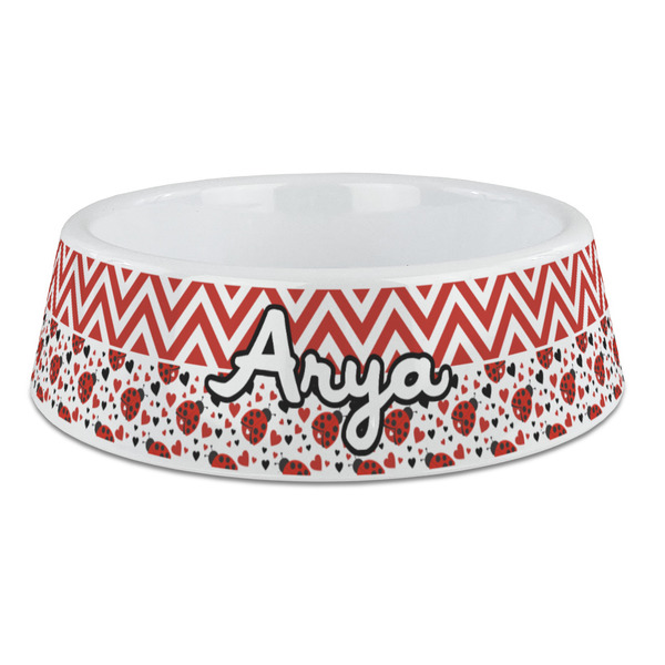 Custom Ladybugs & Chevron Plastic Dog Bowl - Large (Personalized)