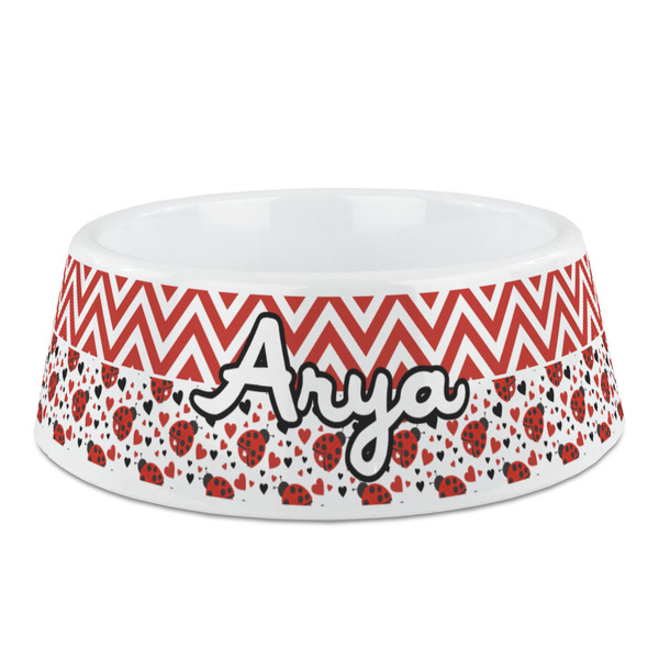 Custom Ladybugs & Chevron Plastic Dog Bowl (Personalized)
