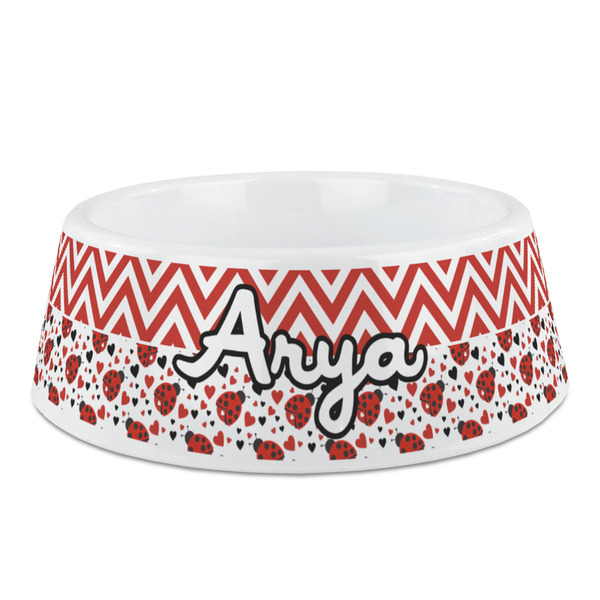Custom Ladybugs & Chevron Plastic Dog Bowl - Medium (Personalized)