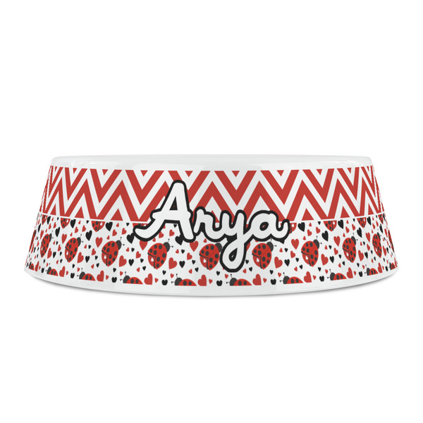 Ladybugs & Chevron Plastic Pet Bowls - Small - FRONT