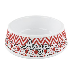 Ladybugs & Chevron Plastic Dog Bowl - Small (Personalized)
