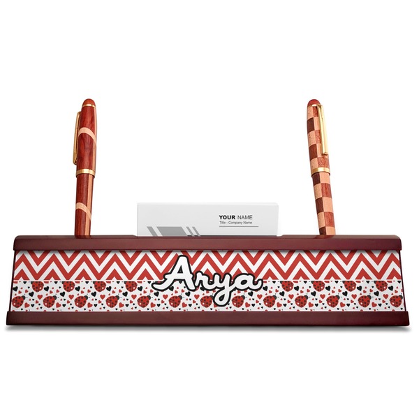 Ladybugs & Chevron Red Mahogany Nameplates with Business Card Holder - Straight