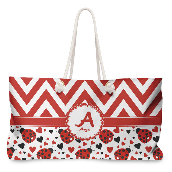 Custom Ladybugs & Chevron Large Tote Bag with Rope Handles (Personalized)