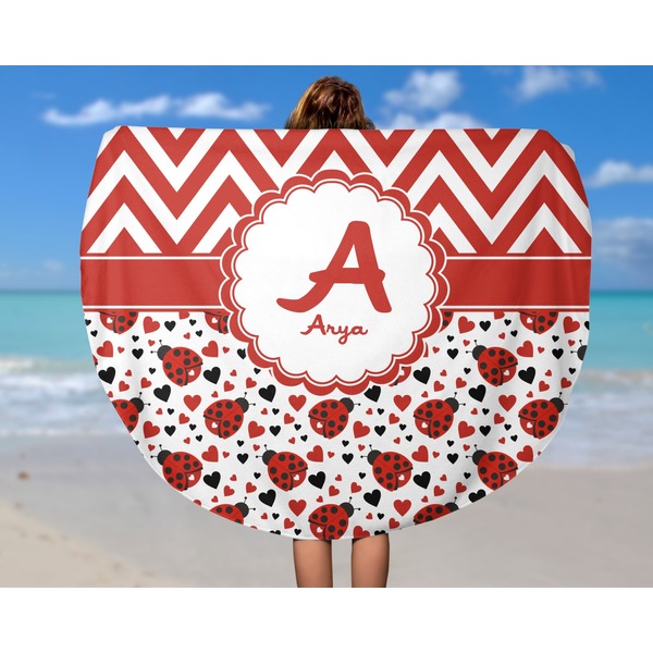Ladybugs & Chevron Round Beach Towel - In Use