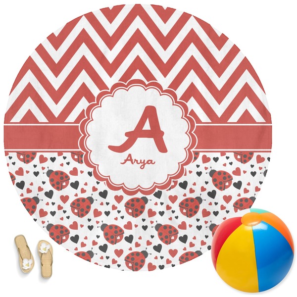 Custom Ladybugs & Chevron Round Beach Towel (Personalized)